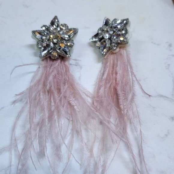 Handmade statement?earrings crystals and feather gray and pink - Picture 3 of 5